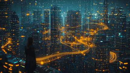 Fototapeta premium Abstract business man stands on the peak of success Smart digital city with connection cyber security network reciprocity over the cityscape future wireless digital city and social media networking 