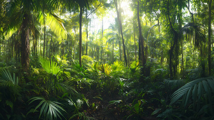 Panorama of dense jungle wild forest with palm trees, Puerto Rico, rain forest, tropical mountain range 