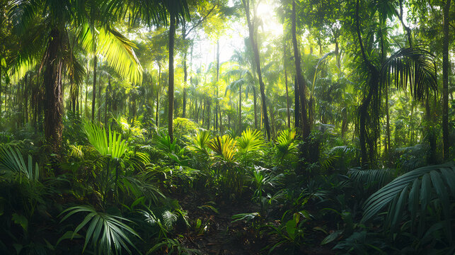 Fototapeta Panorama of dense jungle wild forest with palm trees, Puerto Rico, rain forest, tropical mountain range 