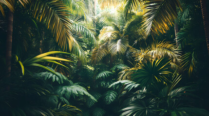Panorama of dense jungle wild forest with palm trees, Puerto Rico, rain forest, tropical mountain range 