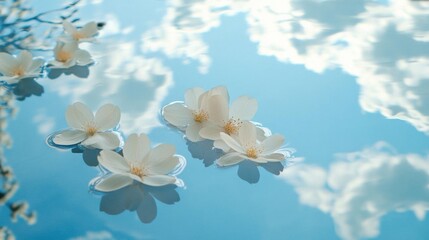 White flowers float gently on serene water, reflecting a tranquil sky.