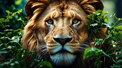 Fototapeta premium A stunning design of a lion's face formed from intertwining vines, blending the strength and majesty of the wild with the intricate patterns of nature in a symbolic and detailed artwork.