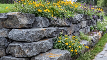Stone retaining wall with yellow and purple flowers.