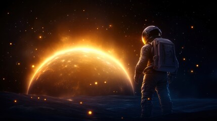 Obraz premium Astronaut observes sunrise on another planet outer space digital art cosmic environment dramatic viewpoint exploration concept