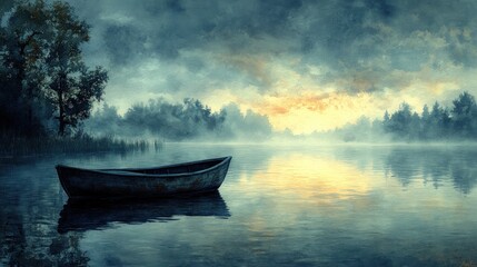 Fototapeta premium Boat sits on misty lake at dawn.