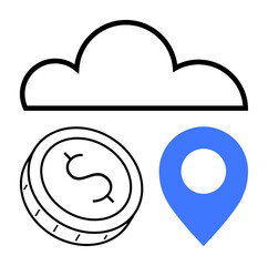 Cloud above a dollar coin and blue location pin. Ideal for finance, navigation, cloud technology, digital transactions, economics, online services, and mapping. Line metaphor