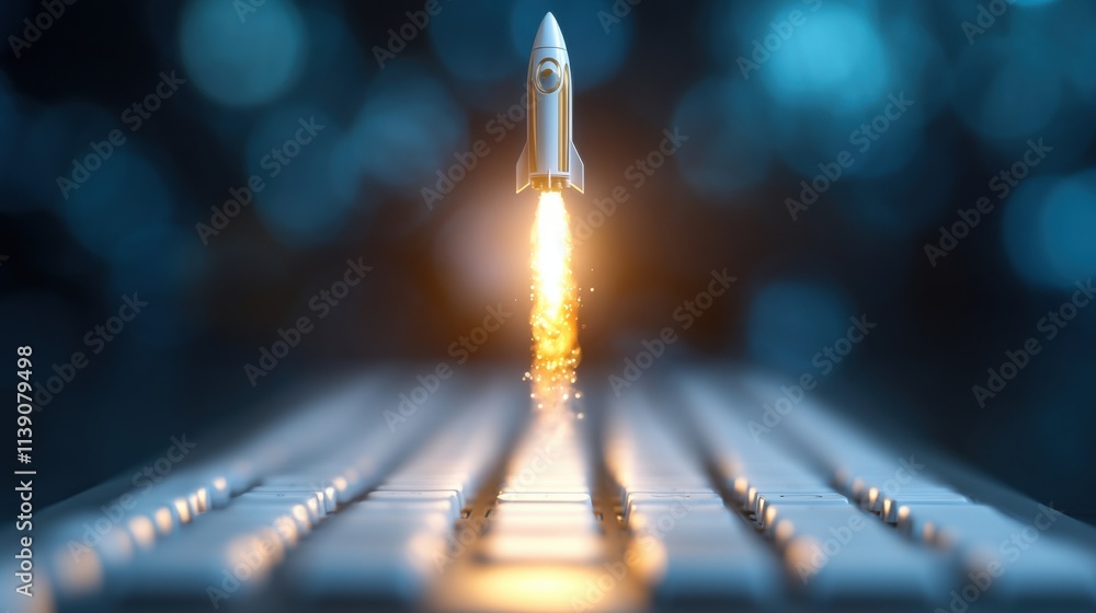 Poster rocket launch space digital art futuristic setting close-up view innovation and exploration concept