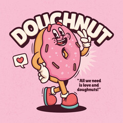 Doughnut Trendy Retro Cartoon Vector Hand Drawn