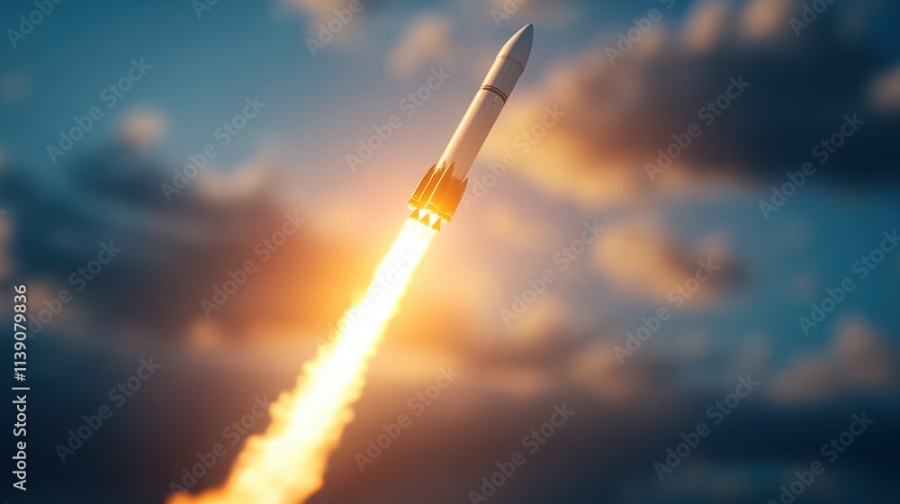Poster rocket launch event space center digital art cloudy sky aerial view innovation and exploration
