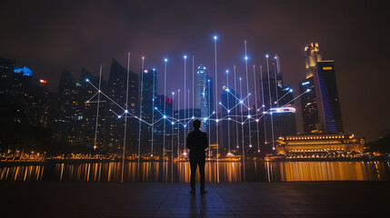 Abstract businesswoman stands on the peak of success Smart digital city with connection cyber security network reciprocity over the cityscape future wireless digital city and social media networking

