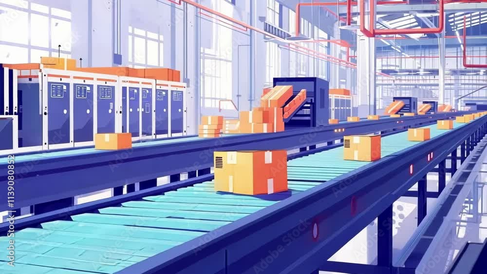 Poster cardboard box moves along a conveyor belt in a factory. robotic arms pick up and move boxes, showcas