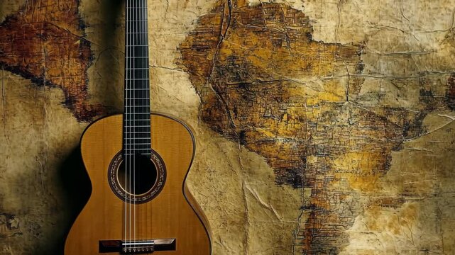 Guitar resting beside an antique map of South America in warm tones