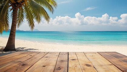 Wooden table with beautiful tropical sea beach, palm tree, sun light and blue sky background, for product advertisement. Generative AI