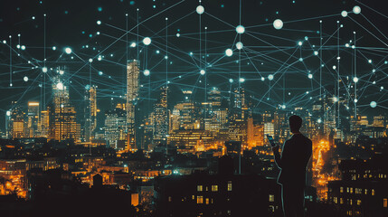 Naklejka premium Abstract businesswoman stands on the peak of success Smart digital city with connection cyber security network reciprocity over the cityscape future wireless digital city and social media networking