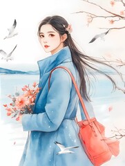 A beautiful young woman in a blue coat, holding flowers and a red bag with a shoulder strap, is walking on the beach by the sea. 
