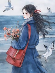 A beautiful young woman in a blue coat, holding flowers and a red bag with a shoulder strap, is walking on the beach by the sea. 