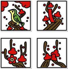 2月のステッカーミニ正方形花札アイコンセット