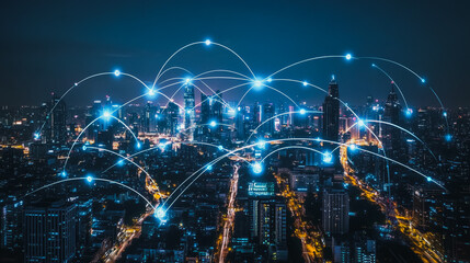 Obraz premium Smart digital city with connection cyber security network reciprocity over the cityscape . future smart wireless digital city and social media networking systems that connects people within the city
