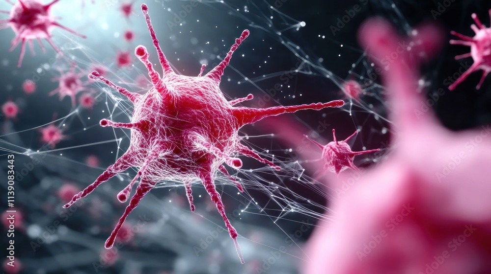 Poster close-up view of a virus in a digital rendering.