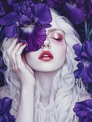 Beautiful woman with white hair and red lips, holding one Iris covering one of her eyes