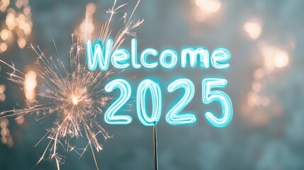 New Years Day Holiday Neon Welcome 2025 with Fireworks and Golden Sparks - Celebration of Festivity and Hope