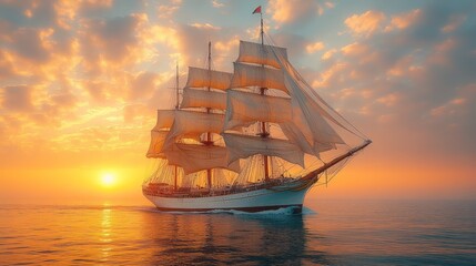 Fototapeta premium Sailing ship at sunset with dramatic sky and golden light.