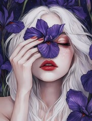 Beautiful woman with white hair and red lips, holding one Iris covering one of her eyes