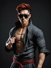 Obraz premium asian young man with strong abs and biceps. male model in studio on dark background.
