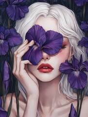 Beautiful woman with white hair and red lips, holding one Iris covering one of her eyes