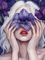 Beautiful woman with white hair and red lips, holding one Iris covering one of her eyes