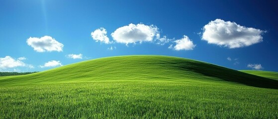 Obraz premium Lush Green Hill Landscape Under a Clear Blue Sky with Soft White Clouds, Capturing the Beauty of Nature and Tranquility in the Great Outdoors