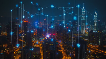 Fototapeta premium Smart digital city with connection cyber security network reciprocity over the cityscape . future smart wireless digital city and social media networking systems that connects people within the city