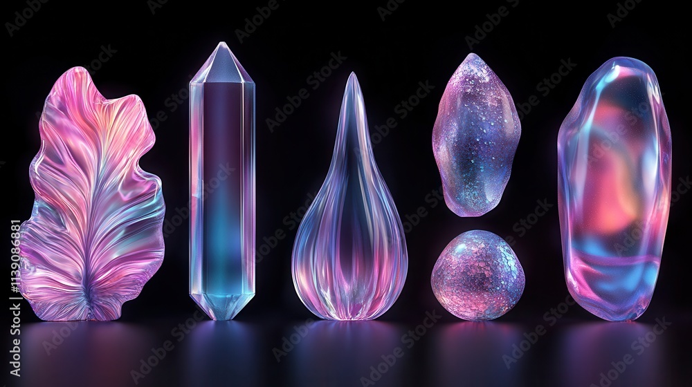 Aufkleber set of abstract iridescent design elements 3d rende