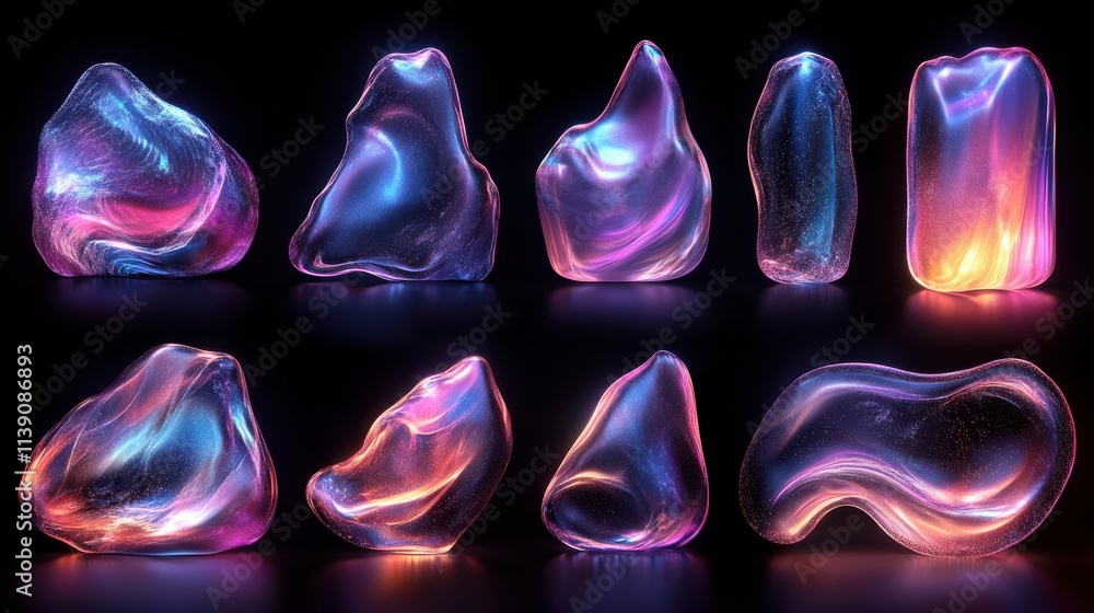 Poster set of abstract iridescent design elements 3d rende