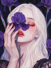 Beautiful woman with white hair and red lips, holding one Iris covering one of her eyes