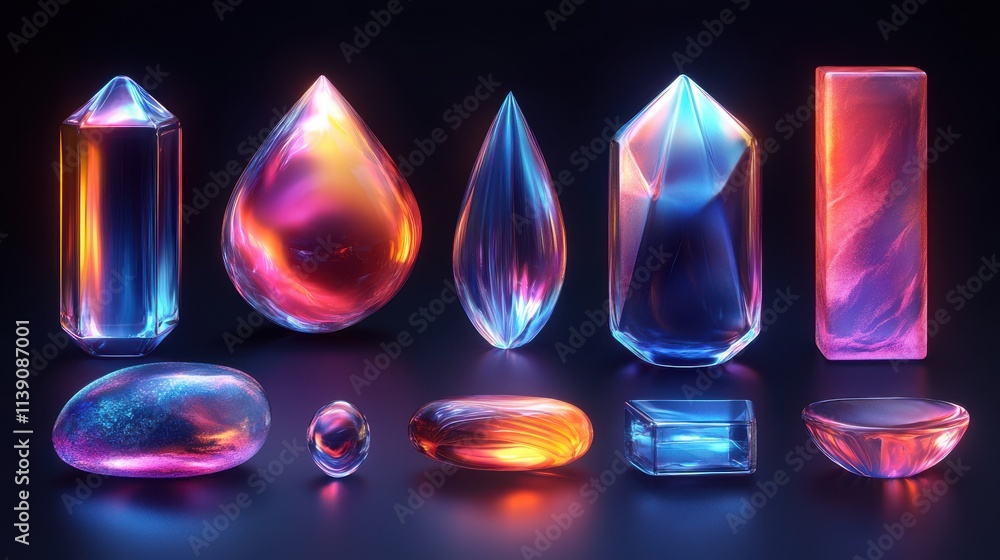 Poster set of abstract iridescent design elements 3d rende