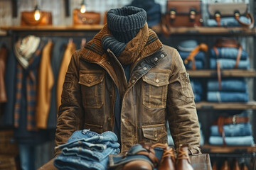 Obraz premium a clothing store window displaying a mannequin displaying a man's outfit: a stylish brown lined jacket paired with a checkered wool shirt and jeans