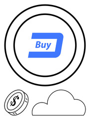 Blue Buy button on a circular digital interface, accompanied by a coin with a dollar sign and a cloud shape. Ideal for e-commerce, fintech, financial transactions, digital marketing, online shopping
