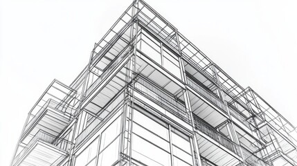Fototapeta premium Architectural Sketch of a Modern Building with Detailed Lines and Structures Showcasing Contemporary Design Elements and Unique Architectural Features