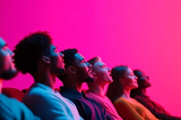 Neon-Lit Cinematic Experience Friends Reacting to a Vibrant Movie Scene