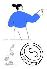 Person in blue sweater pointing to the side, several coins falling, and a large coin with a dollar sign. Ideal for financial services, saving tips, investment guides, budget planning, economic
