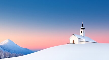 A serene snow-covered landscape featuring a small white church.