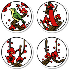 2月のステッカーシンプル円形花札アイコンセット