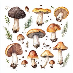 Edible mushrooms vintage style set