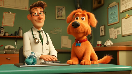 Cartoon style veterinarian sitting next to an animated orange dog with a blue collar in a friendly veterinary clinic.