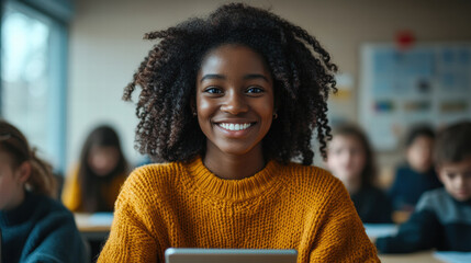 Smiling girl with curly hair using tablet in classroom setting