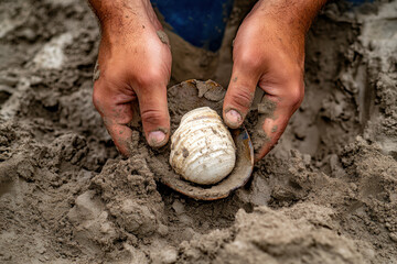Harvesting geoduck shells coastal beach photorealistic image natural environment close-up view marine life