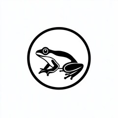 Simple black and white frog illustration in a circle.