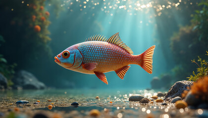 Fototapeta premium A stunning scene of fish swimming through lush tropical plants in crystal-clear river water, highlighting the natural beauty of the freshwater environment.