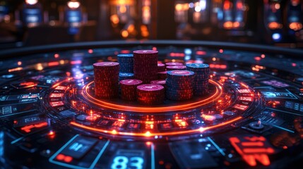 Obraz premium Futuristic casino roulette wheel with glowing red and blue chips.